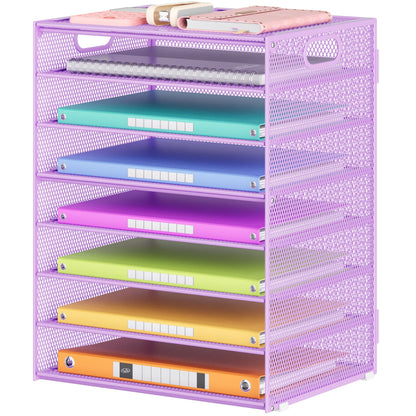 Lavatino 8-Tier Office Desk File Organizer, Letter Tray Paper Organizer with Handle, Including 5 Adjustable Slide Trays for Organizing Desktop Workspace Accessories and Supplies (Purple Metal Mesh)