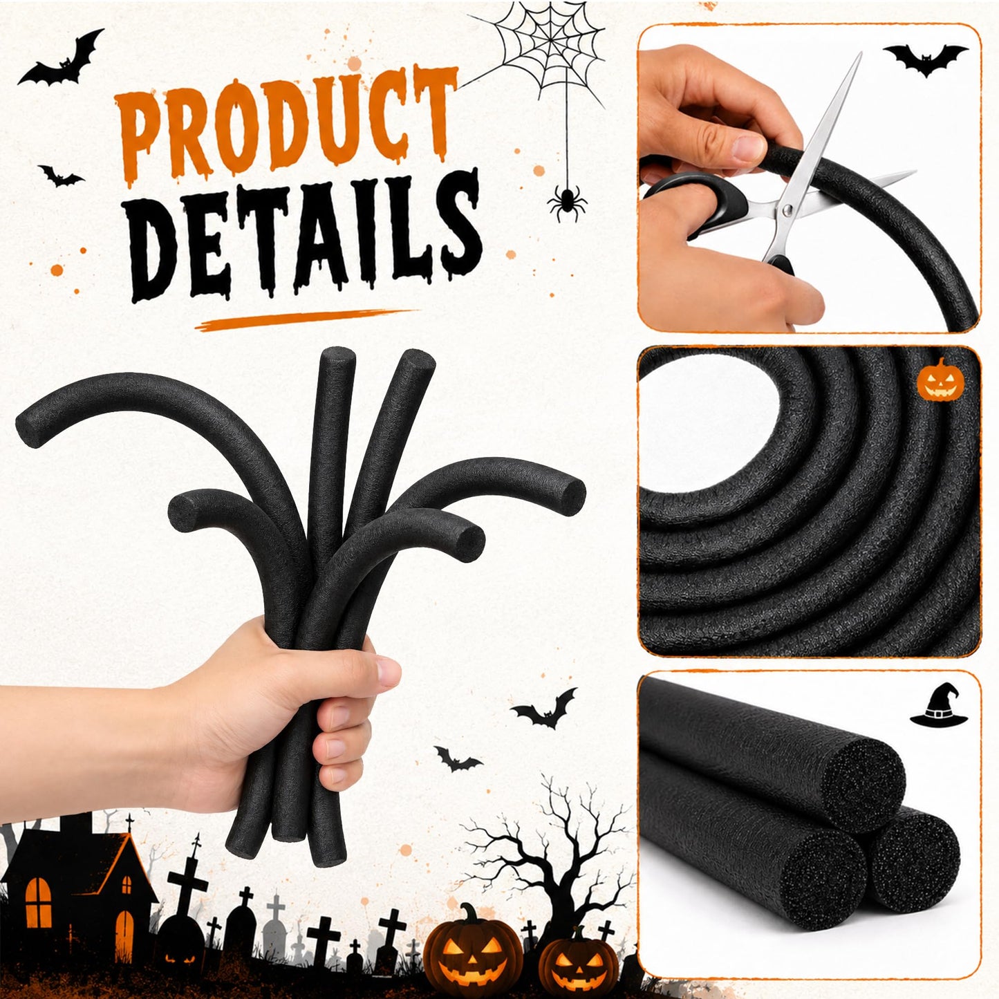 moonoom 50ft Black Halloween Foam Noodle, 5/8 Inch EPE Foam Tubes for Crafts, Versatile Foam Rope Roll for Halloween Holiday DIY Arts and Crafts Supplies Window Spider Web Decoration