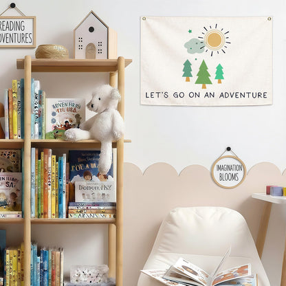 Nursery Canvas Rectangular Banner Flag Poster Wall Decor-Hanging Wall Decoration for Nursery Bedroom Playroom,Birthday Christmas Gift for Baby Kids Girl Boy Teen,Let’s Go On an Adventure 28.5"L×20"W