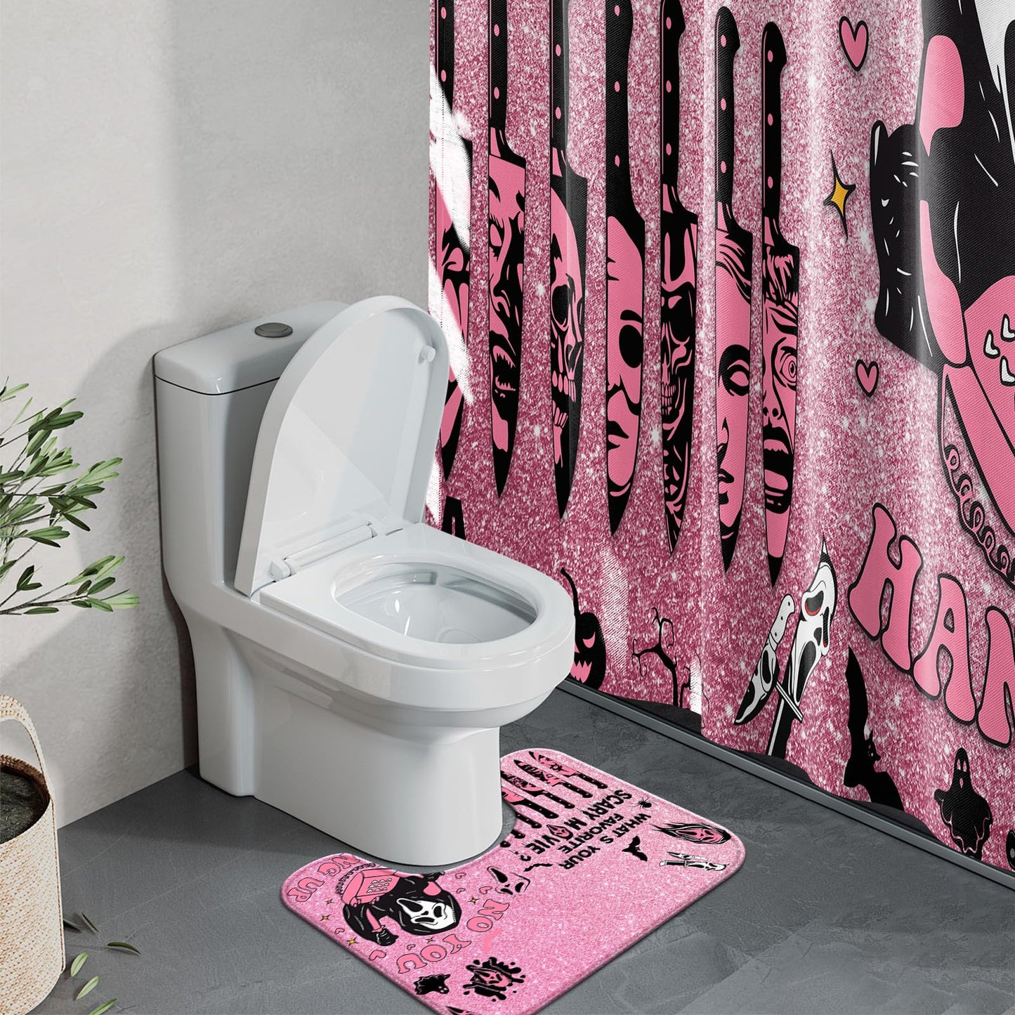 4 Pcs Pink Horror Shower Curtain Set with Rugs,Halloween Bathroom Decor