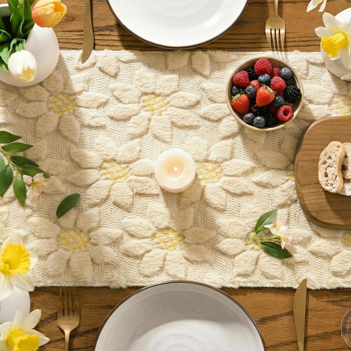 Artoid Mode Beige Soft Plush Faux Fur Jacquard Embroidery Sunflower Spring Table Runner, Kitchen Dining Table Decoration for Home Party Decor 13x48 Inch