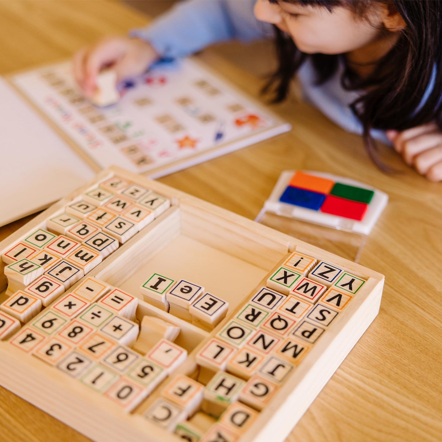 Melissa & Doug Deluxe Letters and Numbers Wooden Stamp Set ABCs 123s With Activity Book, 4-Color Stamp Pad - FSC Certified