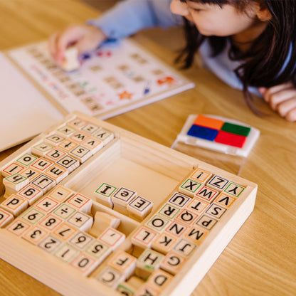 Melissa & Doug Deluxe Letters and Numbers Wooden Stamp Set ABCs 123s With Activity Book, 4-Color Stamp Pad - FSC Certified