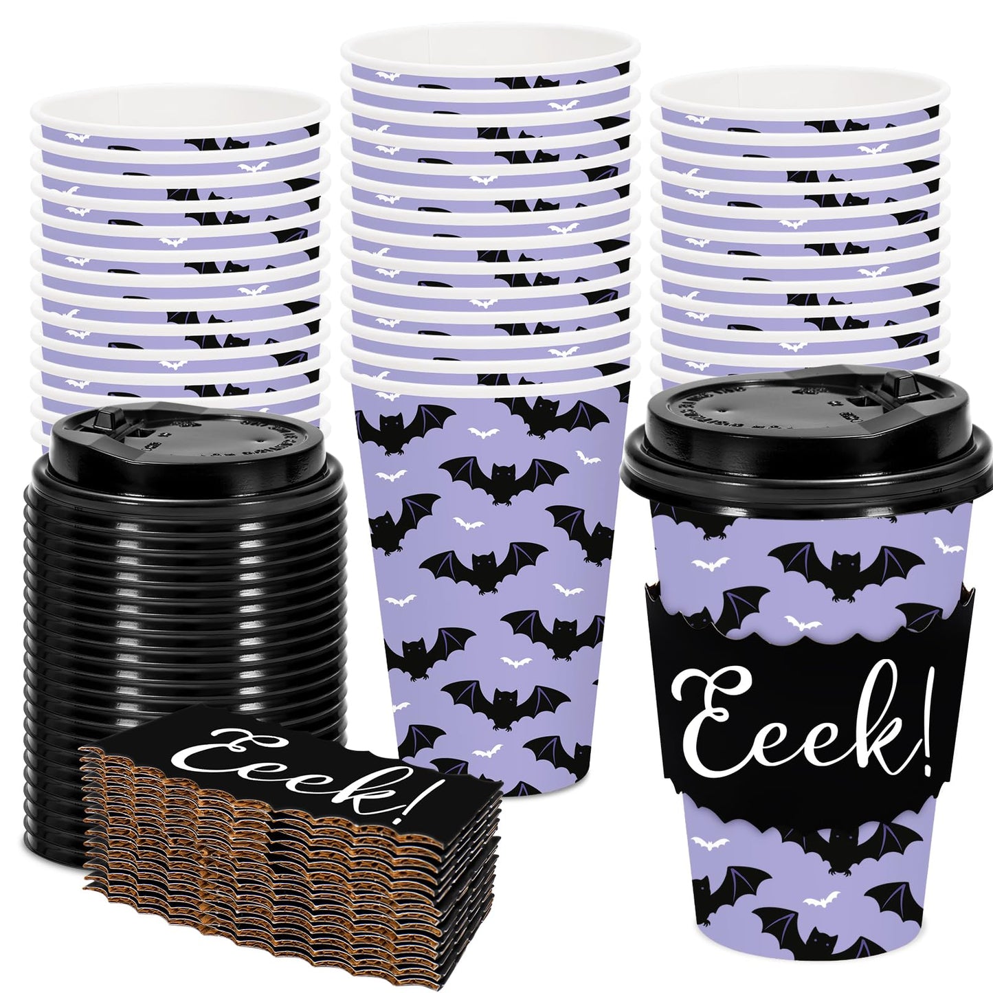 JarThenaAMCS 50 Set Halloween Disposable Coffee Cups with Lids Sleeves Purple Black Bat Drinking Cup Spooky Paper Cup for Halloween Party Supplies