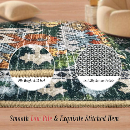RUGSURE Washable Area Rugs - Perfect for Living Room, Bedroom, Kids Room, Nursery - Stain & Water Resistant Non-Slip, Pet & Child Friendly, Vintage Tribal Area Rugs (Green, 4' x 6')