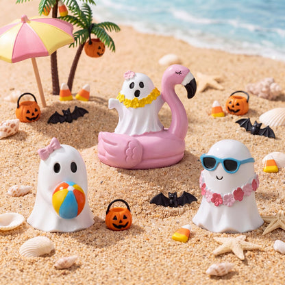 Amyhill 3 Pcs Summer Halloween Ghost Decor Set Ghost Figurines 2.8" Cute Tropical Beach Resin Statues with Flamingo Float Garland Sunglasses Mini Spooky Tiered Tray Decor for Home Office Shelf