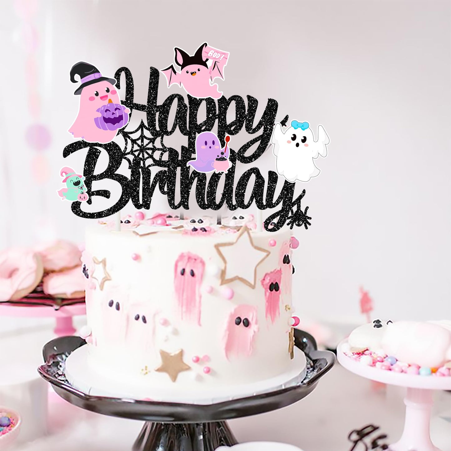 Halloween Ghost Happy Birthday Cake Topper Black Glitter Halloween Birthday Cake Decorations Pastel Ghost Cake Picks Ghosts Boo Day Baby Shower Decor for Birthday Party Supplies