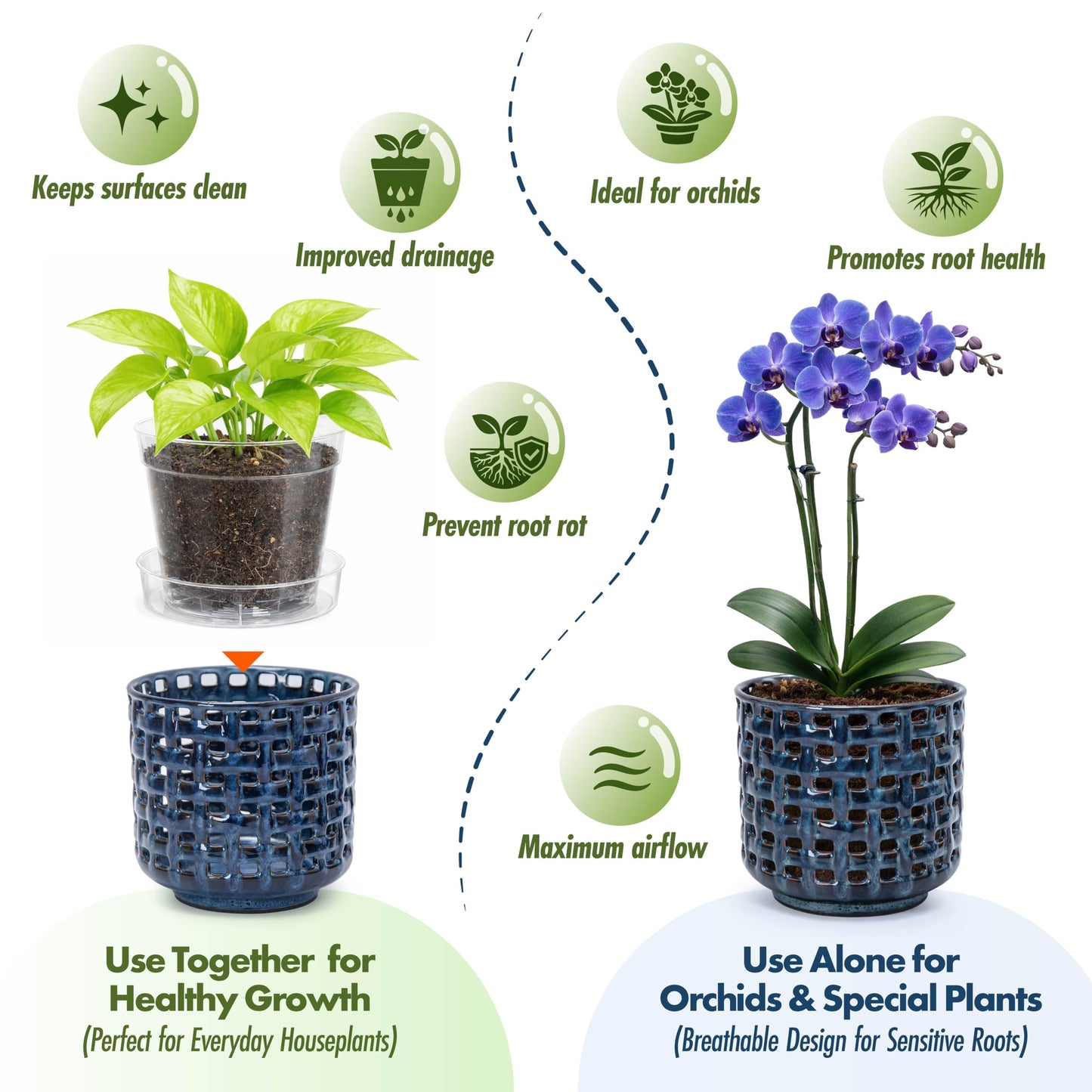 D'vine Dev 4.5 Inch Ceramic Orchid Planter with Lattice Cutout Design, Glazed Cachepot with Clear Nursery Pot & Detachable Saucer for Orchids and Indoor Plants, Pumpkin, 28-A-Z-5