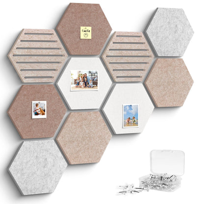 Hexagon Cork Bulletin Board Tiles, 10 Pack Felt Board with 25 Push Pins, Photo Display Board for Office & Home Classroom Wall Decor, 11.8x10.2 Inches