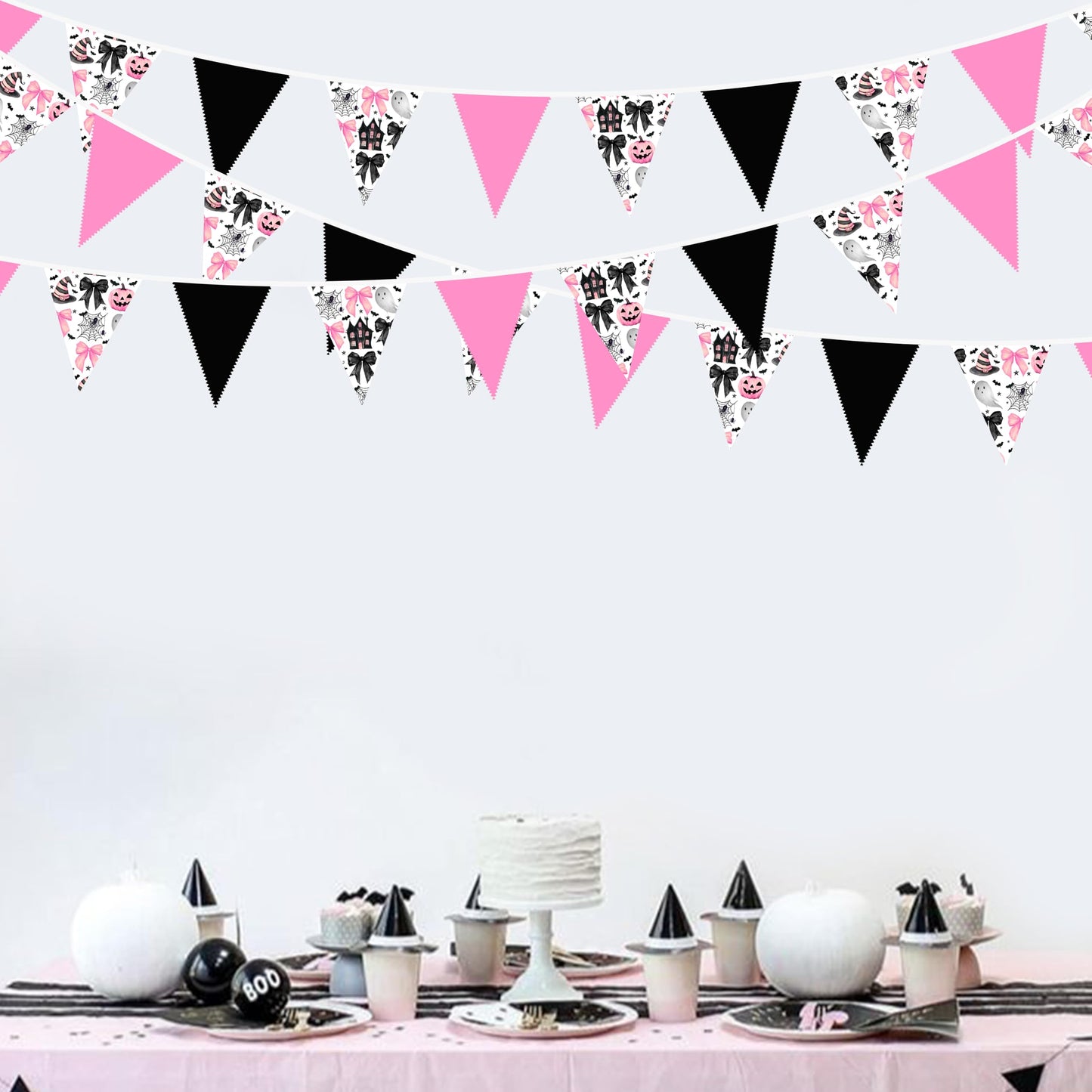 31Ft Pink Black Halloween Party Decorations Spider Bow Pumpkin Skull Bats Fabric Pennant Banner Triangle Flag Garland Streamer for Halloween Trick or Treat Birthday Baby Shower Outdoor Party Supplies