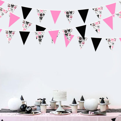 31Ft Pink Black Halloween Party Decorations Spider Bow Pumpkin Skull Bats Fabric Pennant Banner Triangle Flag Garland Streamer for Halloween Trick or Treat Birthday Baby Shower Outdoor Party Supplies