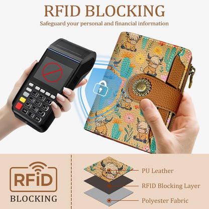 Icycay Highland Cow Small Wallet Women RFID Blocking Bifold, Cute Credit Card Holder, Zipper Coin Pocket, PU Leather, Compact, Travel, 4 ID Window, 14 Card Slots, Cash Purse, Ladies Woman