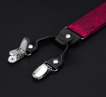 TIE G Paisley Suspender, Bow Tie, Pocket Square Set for Men's Tuxedo Suspenders : Adjustable Braces, Strong Enhanced 6 Clips (A Wine Paisley)