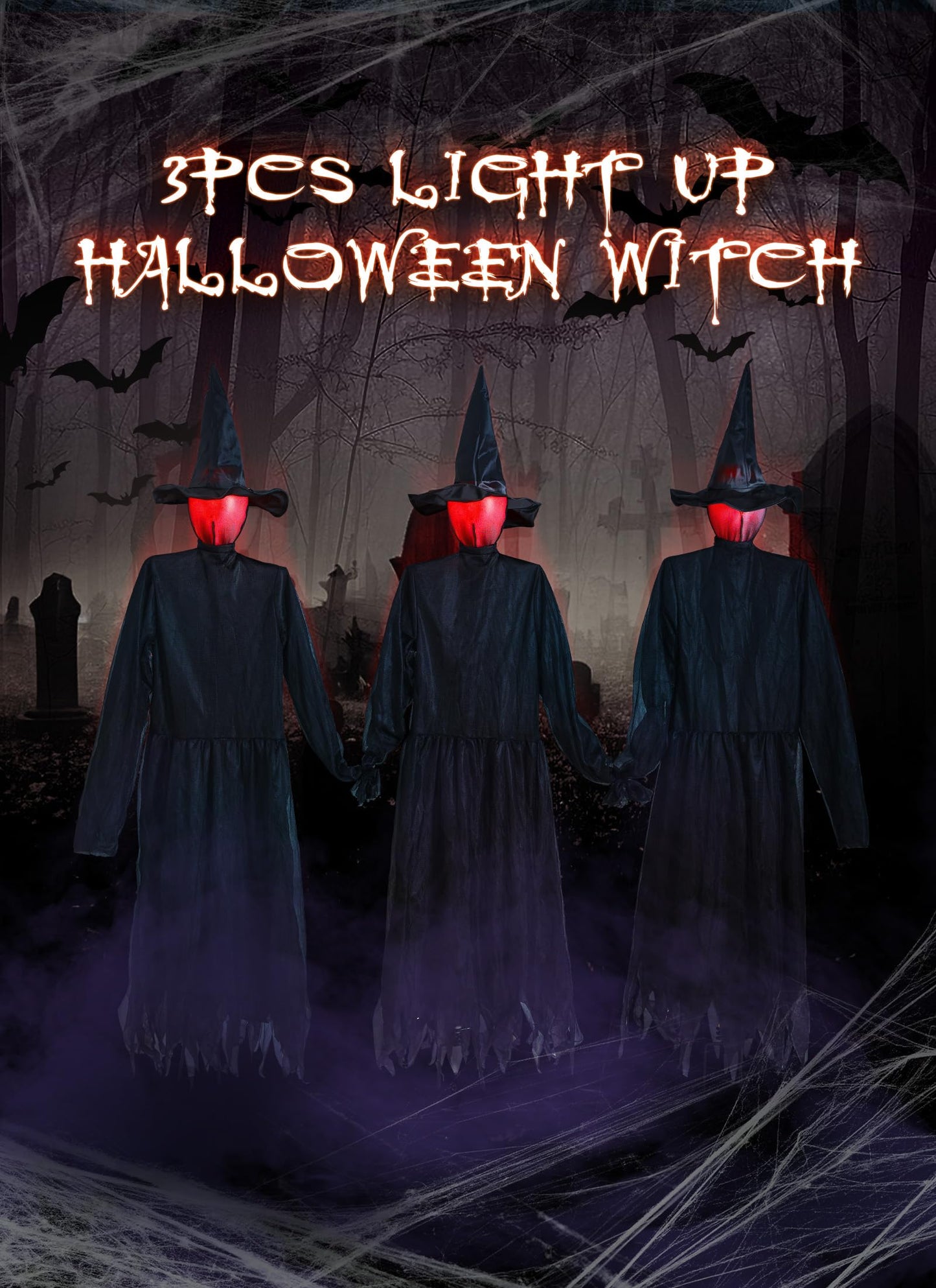 Halloween Decorations Outdoor 3PCS Light Up Witches Holding Hands Witches with Stakes, Scary Screaming Witches with Glowing Face, Creepy Halloween Party Props Decor for Yard Garden Outside Lawn Porch