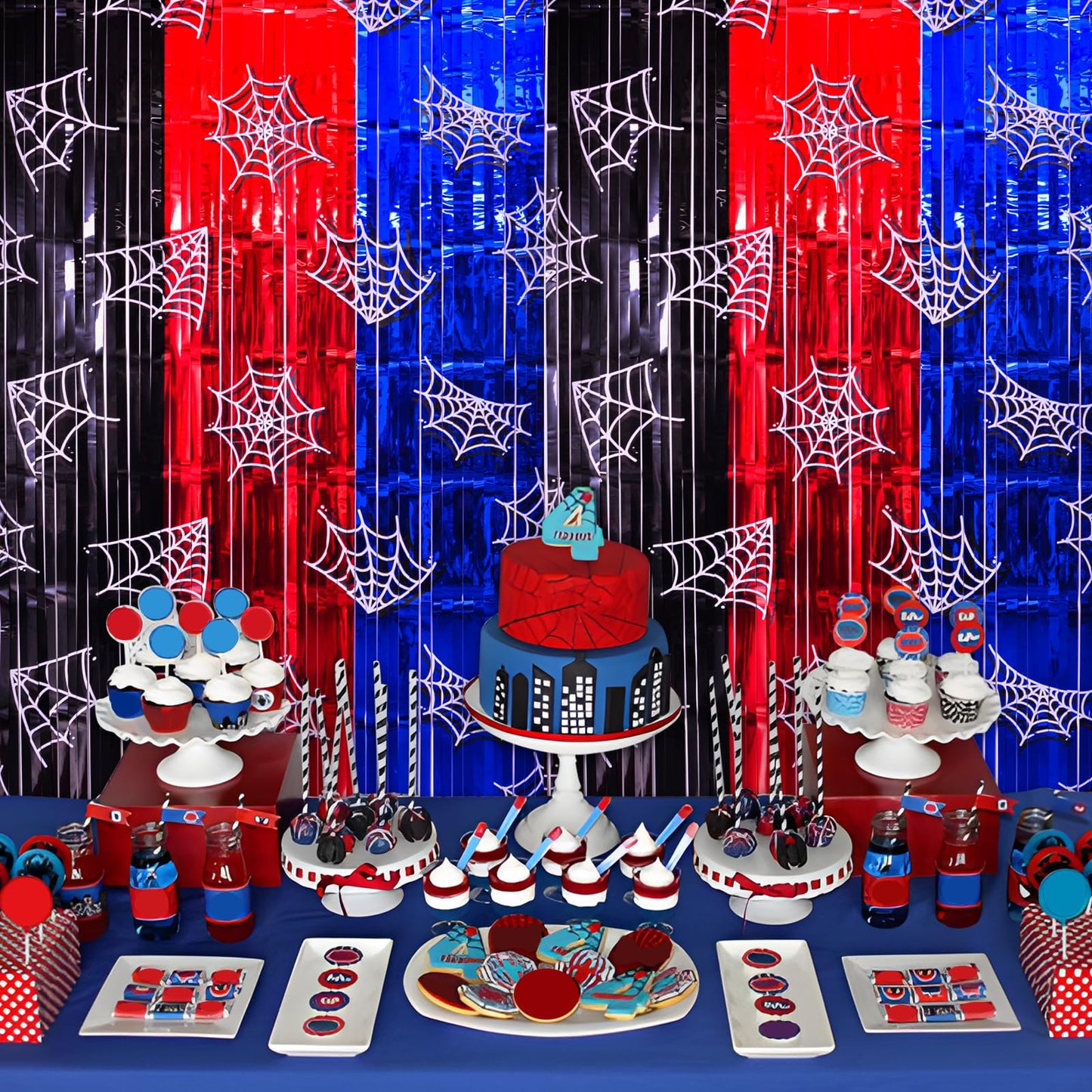 Bupelo Spider Web Birthday Decorations, 2 Pack Spider Party Supplies 3.3x6.6ft Tinsel Foil Fringe Curtains, Red Black, and Blue Photo Booth Prop Backdrop Streamer, Birthday Decor, Party Decor for Boys