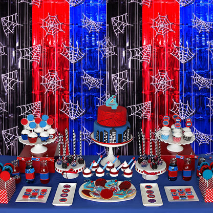 Bupelo Spider Web Birthday Decorations, 2 Pack Spider Party Supplies 3.3x6.6ft Tinsel Foil Fringe Curtains, Red Black, and Blue Photo Booth Prop Backdrop Streamer, Birthday Decor, Party Decor for Boys