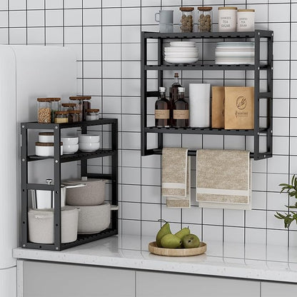 PPN Towel Rack Bathroom Storage Shelves Over The Toilet with Towel Bar 100% Bamboo Adjustable Height Floating Shelf Wall Shower Shelf for Small Space Bathroom Kitchen Multi Usage (Black-1Pack)