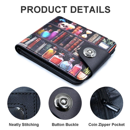 Tezmd Bookshelves Skull Small Wallet Leather Slim Bifold Credit Wallets RFID Blocking Card Holder Zipper Coin Pocket Cash Purse with ID Window