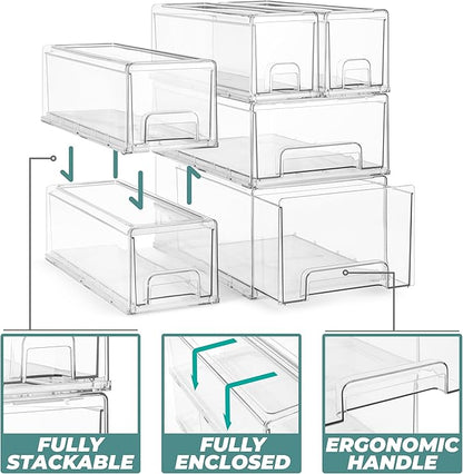 Sorbus Medium Clear Stackable Storage Drawers – 4-Pack Plastic Organizer Bins with Handles – Stackable Pull-Out Storage Drawers for Closet, Pantry, Office, Bathroom, Craft, and Toy Organization