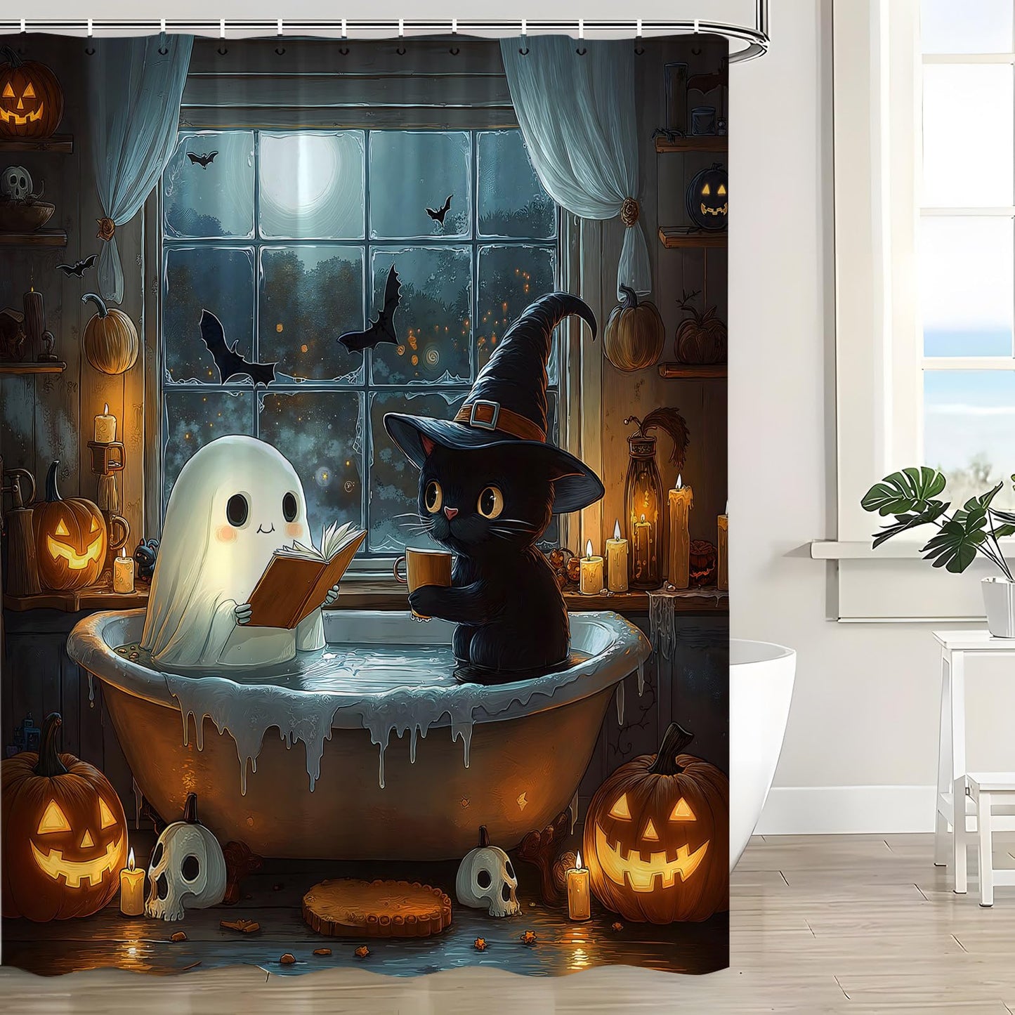 HUSPWP Halloween Funny Ghost Shower Curtain Spooky Gothic Cute Ghost Black Cat Reading in Bathtub Pumpkin Bat Skull Dark Horror Scary Goth Bat Creepy Holiday Fabric Bath Curtain with Hook