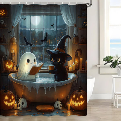 HUSPWP Halloween Funny Ghost Shower Curtain Spooky Gothic Cute Ghost Black Cat Reading in Bathtub Pumpkin Bat Skull Dark Horror Scary Goth Bat Creepy Holiday Fabric Bath Curtain with Hook