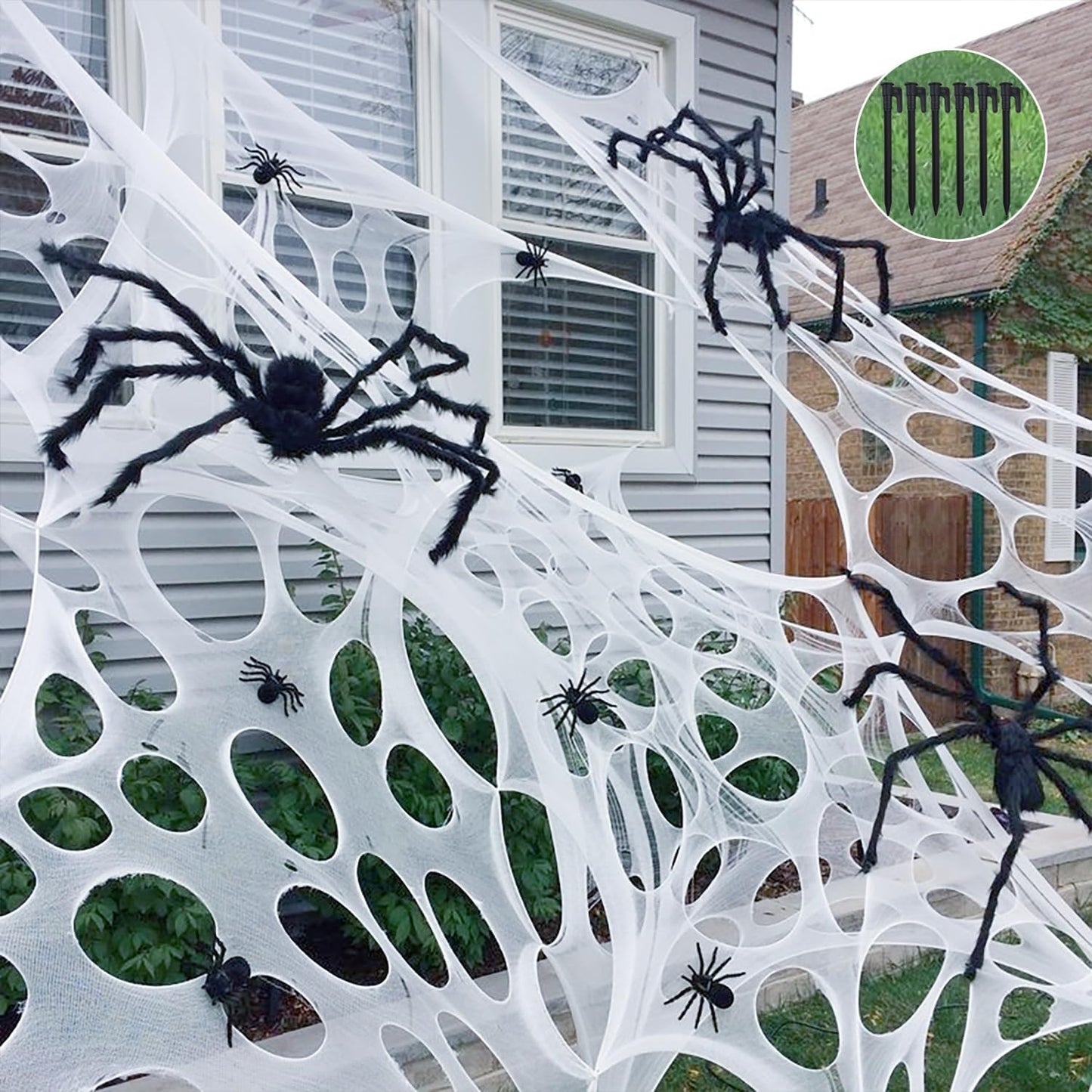 Runleo Giant Spider Webs Halloween Decorations Outdoor, Pre-Cut Super Stretchy Beef Netting DIY Spider Webbing with Stakes, Gauze Spiderwebs Cobwebs for Haunted House Yard Tree Party Indoor Decor