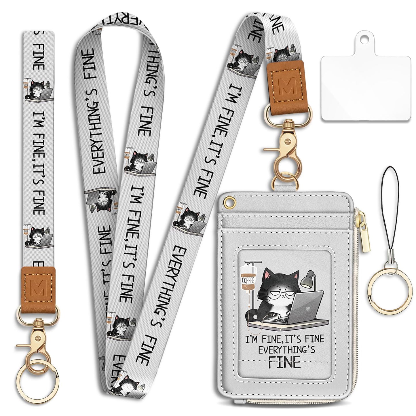 Mavellin Lanyard Wallet with Id Badge Holder, Funny Cat RFID Small Keychain Wallet Women Wristlet, Cute Zipper Credit Card Holder Phone Wrist Neck Strap for Key Name Tag, Teacher Office Work Gifts