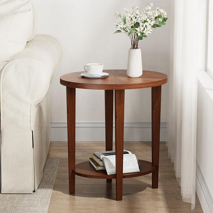 Solid Wood Oval End Table, Farmhouse Sofa Side Table, 2 Tier Beside Corner Table with Storage Shelf for Living Room, Bedroom Easy Assembly Walnut
