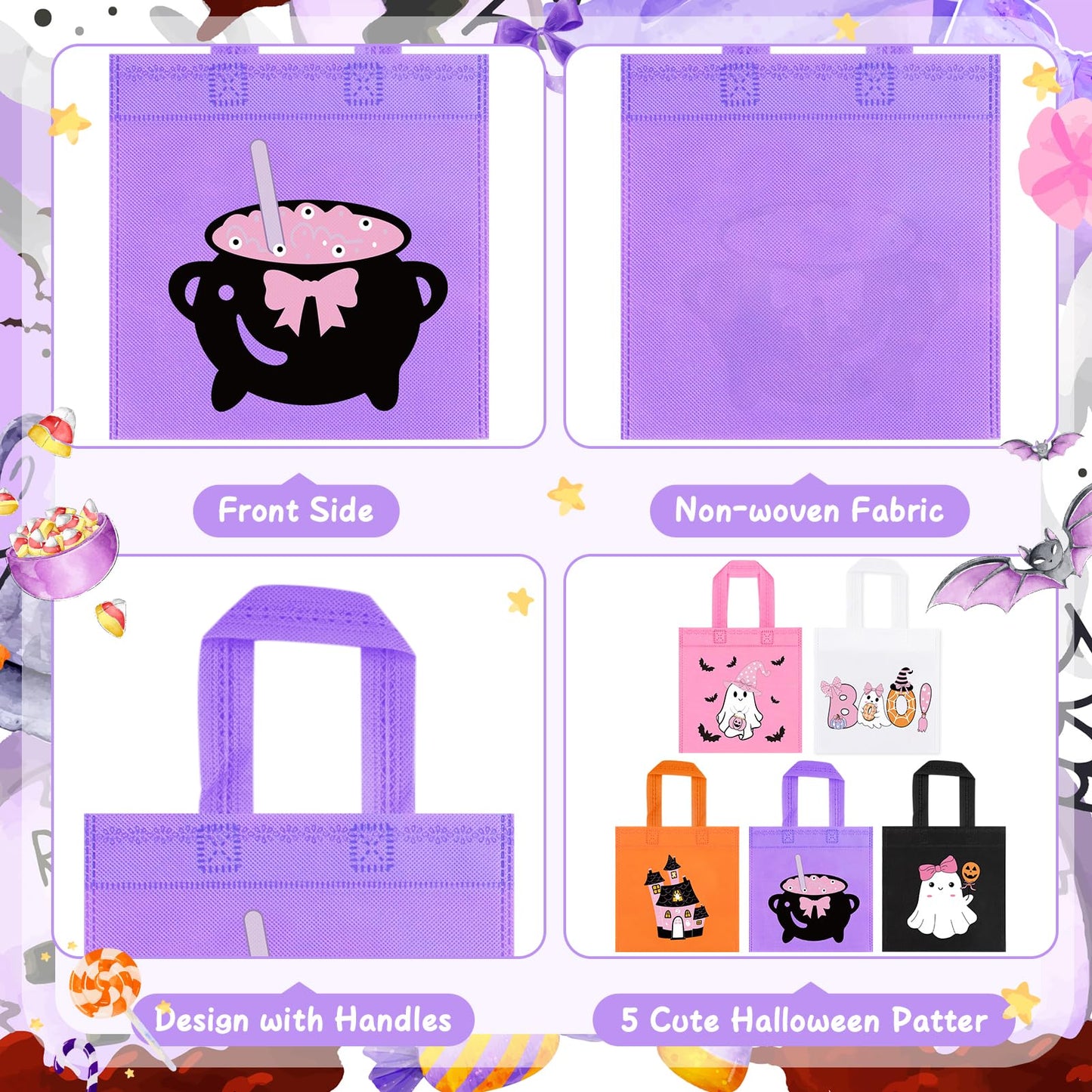 RSCPTOY 20pcs Pink Purple Girl Halloween Treats Bags - Cute Ghost Witch Cauldron NonWoven Candy Bag Gift Tote for Little Boo Baby Shower Party Supplies Summerween Party Decorations