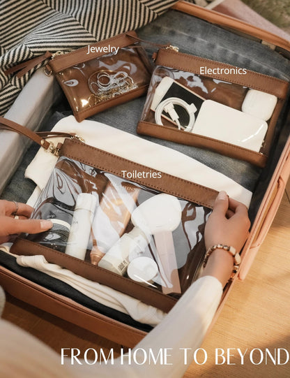 Popvibe Clear Makeup Bag with Zipper Travel Pouch Organizer Bag for Purse Cosmetic Bag Women Clear Travel Bag for Toiletry Traveling Car Essential Make Up Bag Set 3 Pack Brown