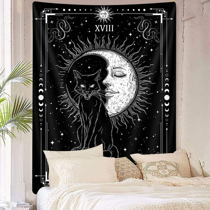 Gothic Black Cat Vertical Tapestry, Witchy Black and White Tarot Card Wing Bat Cat Cool Tapestries for Men, Moon Phases Aesthetic Anime Witchcraft Satanic Art Tapestry Wall Hanging for Bedroom Living Room Poster, 40X60Inch