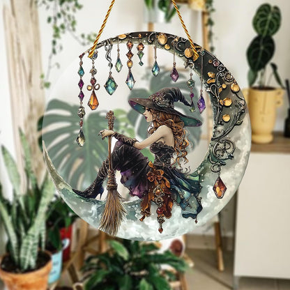 8x8 inch Charming Moonlight Witch Acrylic Stained Glass Window Hanging Sun Catcher Decor Stained Panel Hangings Wall Art Decor, for Friends and Family (Moonlight Witch)