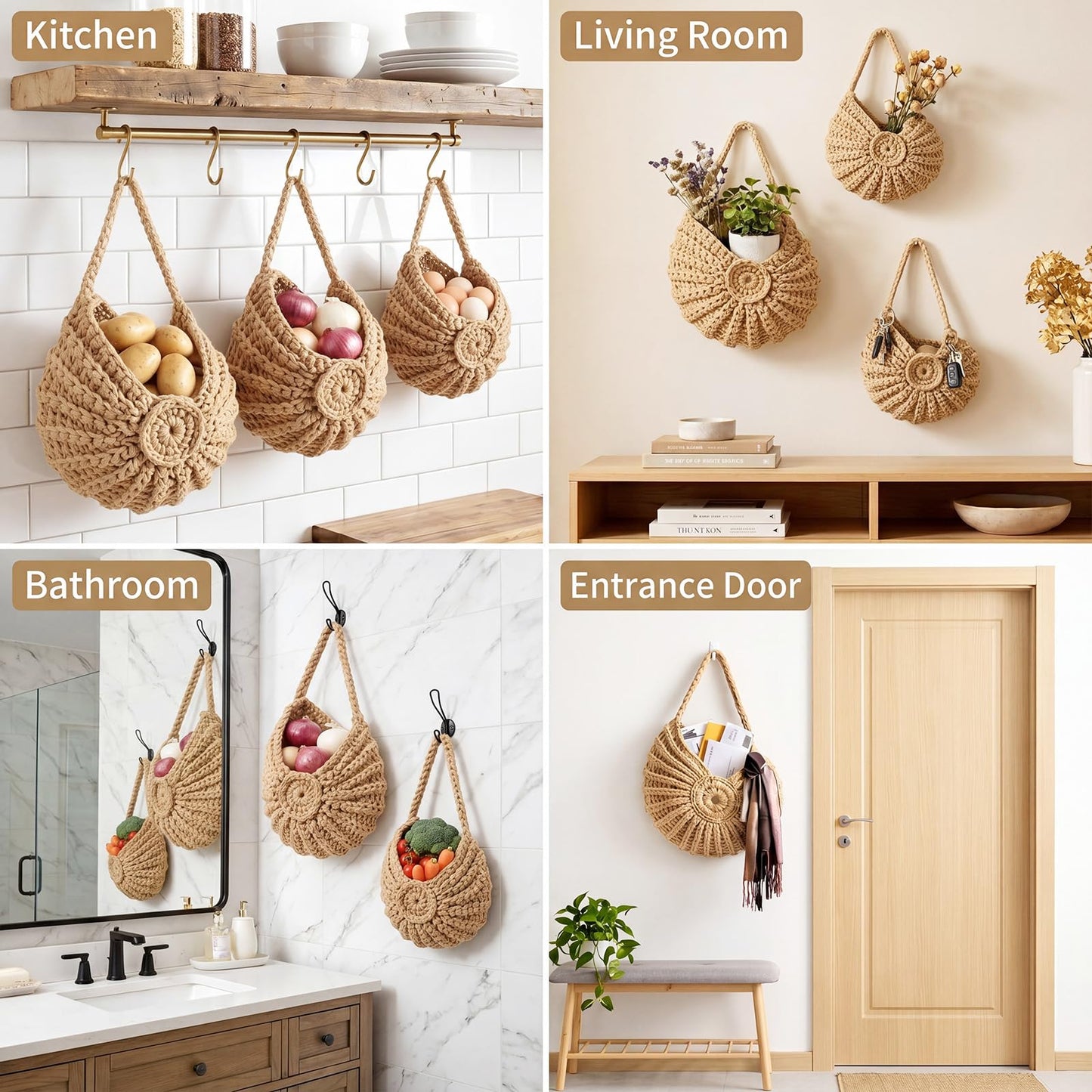 Qinyoung 3 Pack 14" 12" 10.5" Conch Wall Hanging Baskets for Kitchen Fruit Baskets with 3 Hooks Boho Decor Conch HangingWall Kitchen Storage for Fruits Vegetables Onions Potatoes