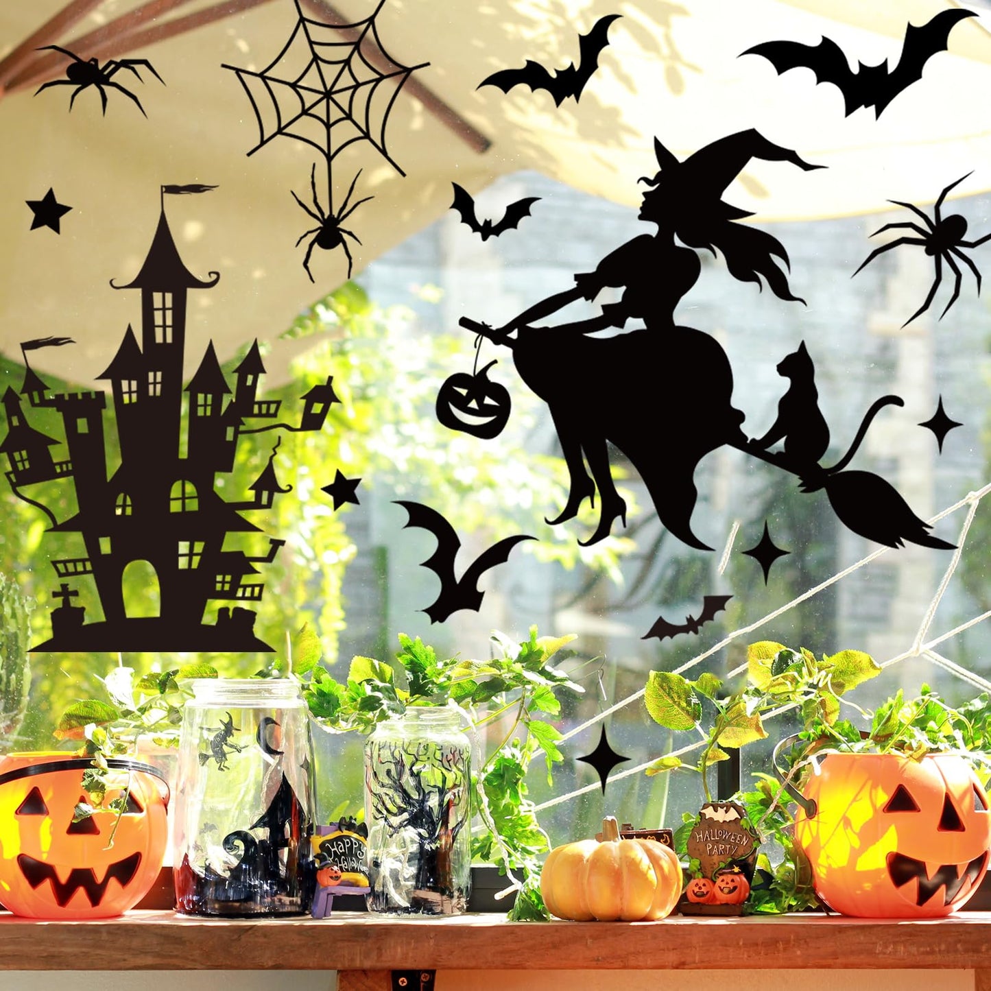 JarThenaAMCS Extra Large Halloween Window Clings Black Witch Castle Bat Window Stickers Double-Sided Glass Decals for Home Classroom Office Party Decoration, 4 Sheets