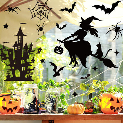 JarThenaAMCS Extra Large Halloween Window Clings Black Witch Castle Bat Window Stickers Double-Sided Glass Decals for Home Classroom Office Party Decoration, 4 Sheets