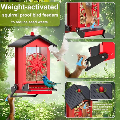 Squirrel Proof Bird Feeders for Outdoors with Weight-Activated, 5LB Large Metal Wild Bird Feeders for Cardinals,Blue Jay,Finch, Weatherproof Durable Hanging Bird Feeder for Backyard,Garden (Red)