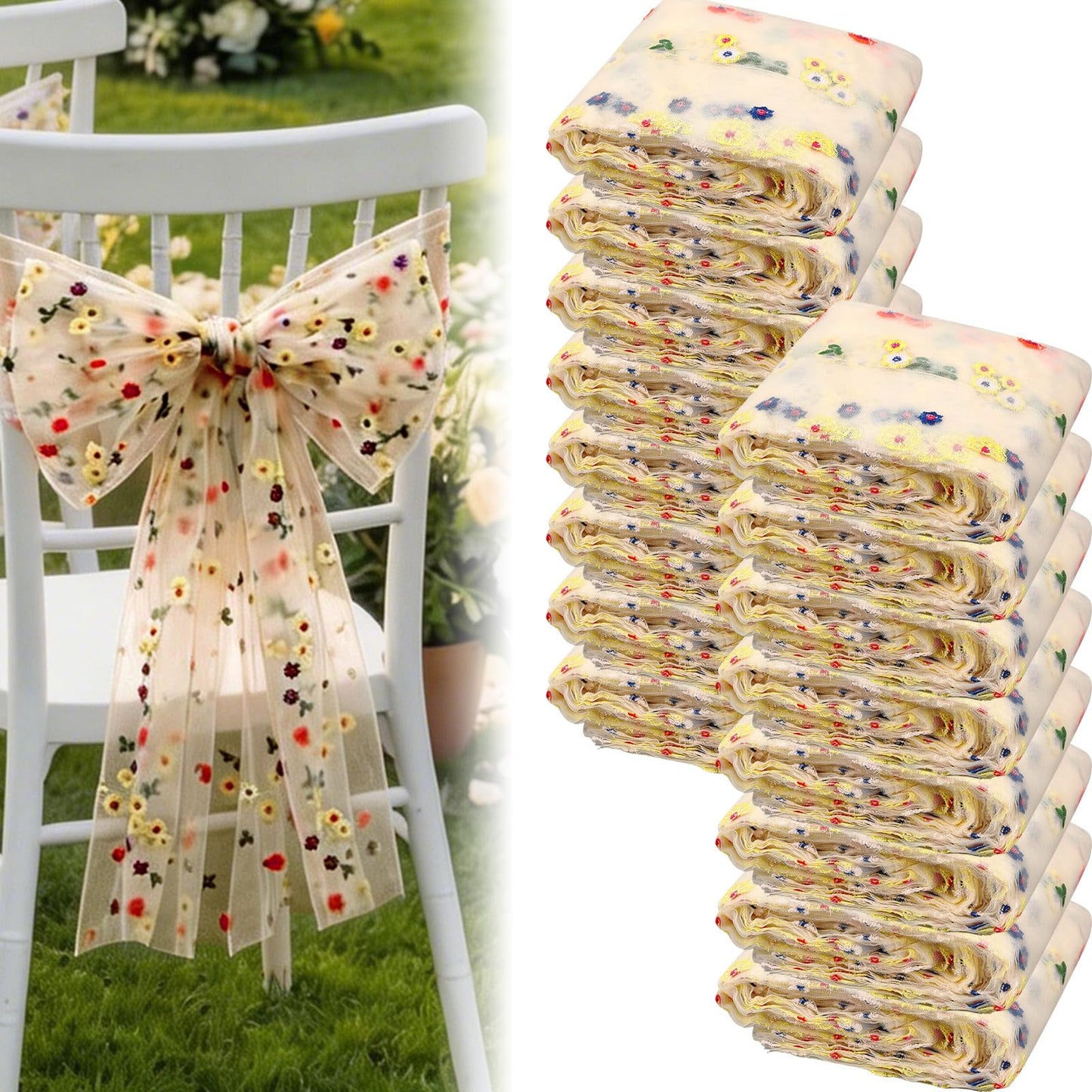 Jecery 16 Pcs Wedding Chair Decorations, Yellow Wildflower Chairs Sashes 6 x 108 Inch, Embroidered Tulle Chair Bows Ribbon Ties for Wedding Chairs Decor, Rustic Decor, Bridal Shower, DIY Craft