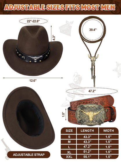 Cutecrop 4 Pcs Western Cowboy Outfits for Men Suede Leather Vest Hat Bolo Tie Belt for Western Halloween Cosplay(Medium,Brown)