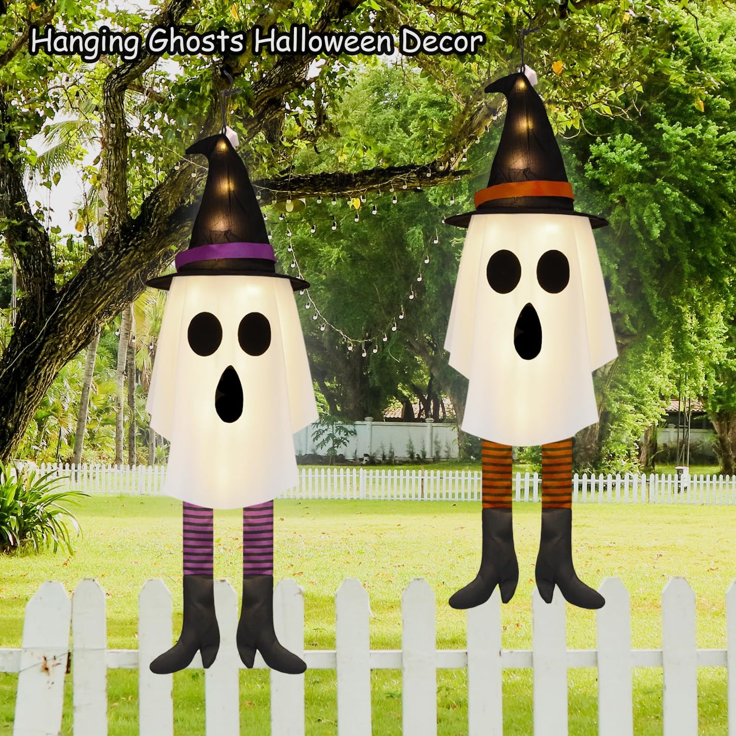Halloween Ghost Decorations Outdoor Indoor, Hanging Ghost with Witch Hats & Strip Legs, Spooky Flying Ghost with LED String Lights, 3 Lighting Effects – Yard Porch Tree Floating Halloween Decor 2 PCS