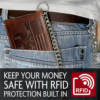 MID WEST RANGE Father's Day Wallet - Patriotic Biker Bifold Wallet with Chain for Men – Distressed Brown Leather, RFID-Blocking w. 10 Card Slots, Flip-Out ID Holder, American Flag & Motorcycle Design