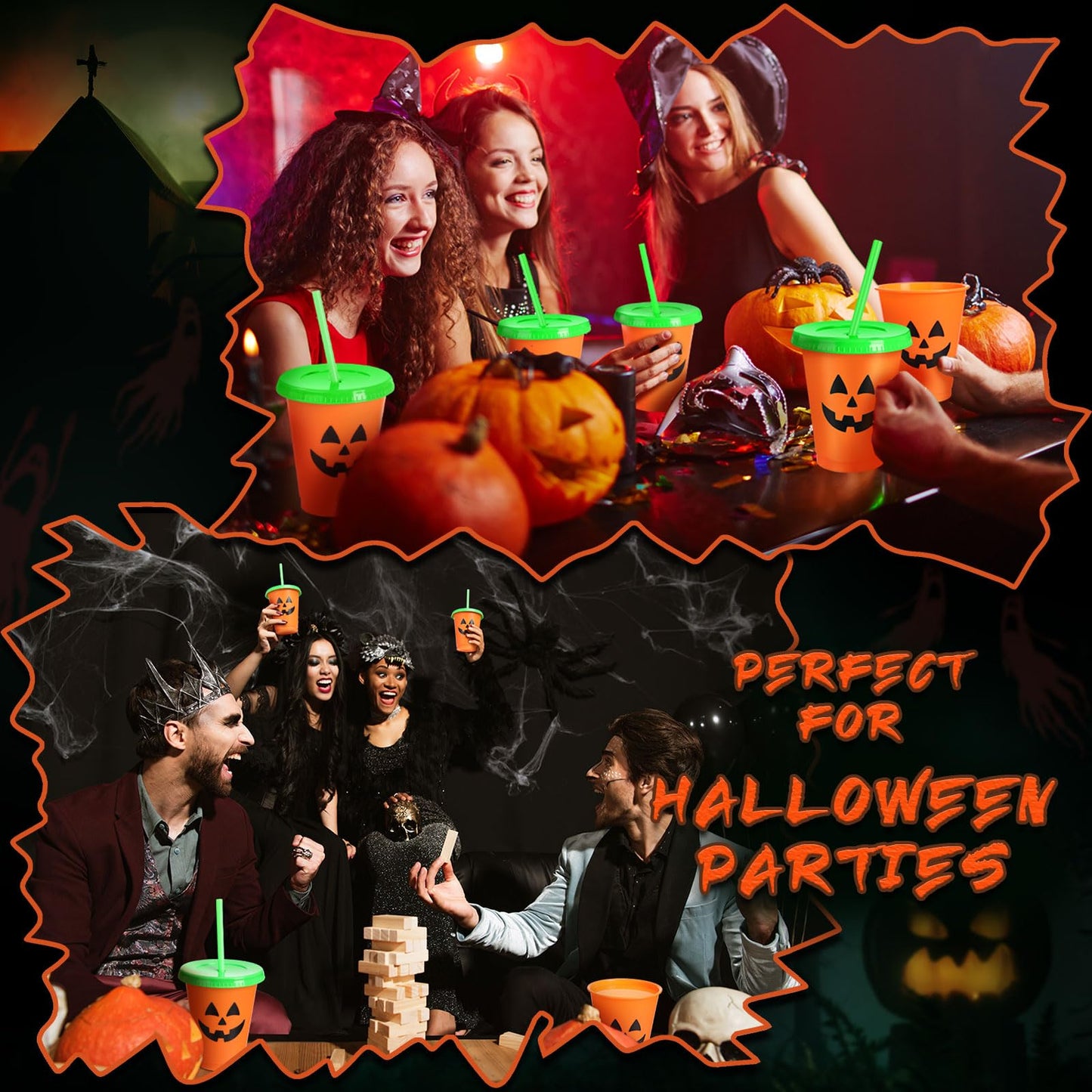 Skylety 10 Pcs Halloween Plastic Cups with Lids and Straws 16 oz Pumpkin Jack O Lantern Cups Plastic Tumbler Harvest Party Supplies Halloween Party Favors Supplies for Coffee Tea Cold Drinks