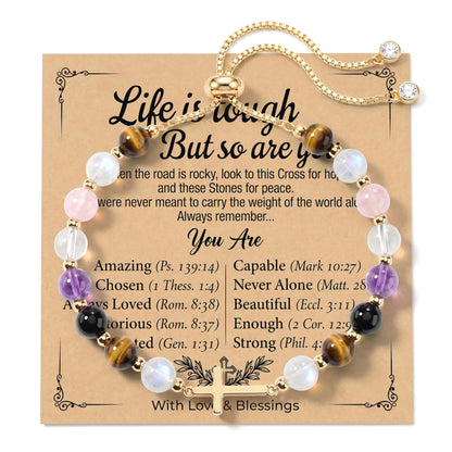 Aghfacy Encouragement Gifts for Women Cross Bracelet Natural Gemstone Crystal Bracelet Gold Cross Charm Christian Encouragement Gift Inspirational Gifts for Women Adjustable with Message Card