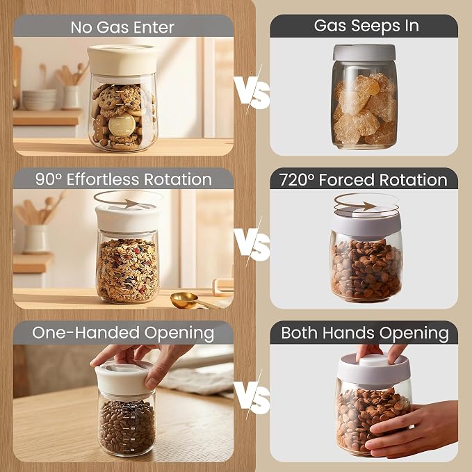 LAKUMIQI Overnight Oats Containers with Lids, 17oz Glass Jars with Airtight Lids, One-Hand 90° Twist-Off Wide Mouth Food Storage for Coffee Bean, Chia Pudding, Meal Prep, Pantry, Beige