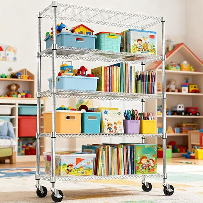 M MZG 1750LBS 47.2" W 5 Tiers Storage Shelves Metal Shelving Unit with Wheels Heavy Duty Garage Shelving Adjustable Wire Shelves for Pantry,Kitchen,Garage,Basement,Chrome 17.7" D x 47.2" W x 76.8" H