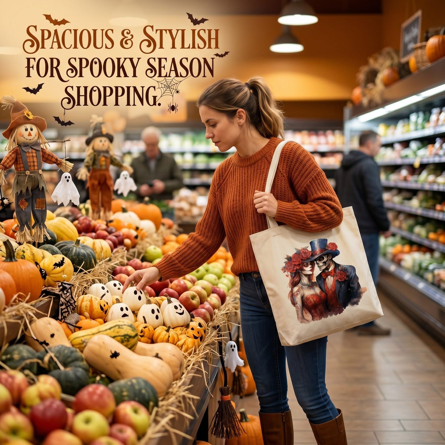 Fall Halloween Tote Bags 2Pcs, Cotton Blend Canvas Tote with Pumpkin Ghost Witch Prints, Reusable Shoulder Bags for Thanksgiving Party Trick or Treat Gift (ghostly lovers)
