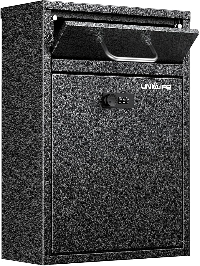 Uniclife Wall Mount Mailbox for Outside, Anti-Theft Heavy Duty Locking Mailbox, Large Mailbox with Combination Lock, Security Mail Box, Safe Key Drop Box, Post Box, Steel Cash Drop Box for Home, Black