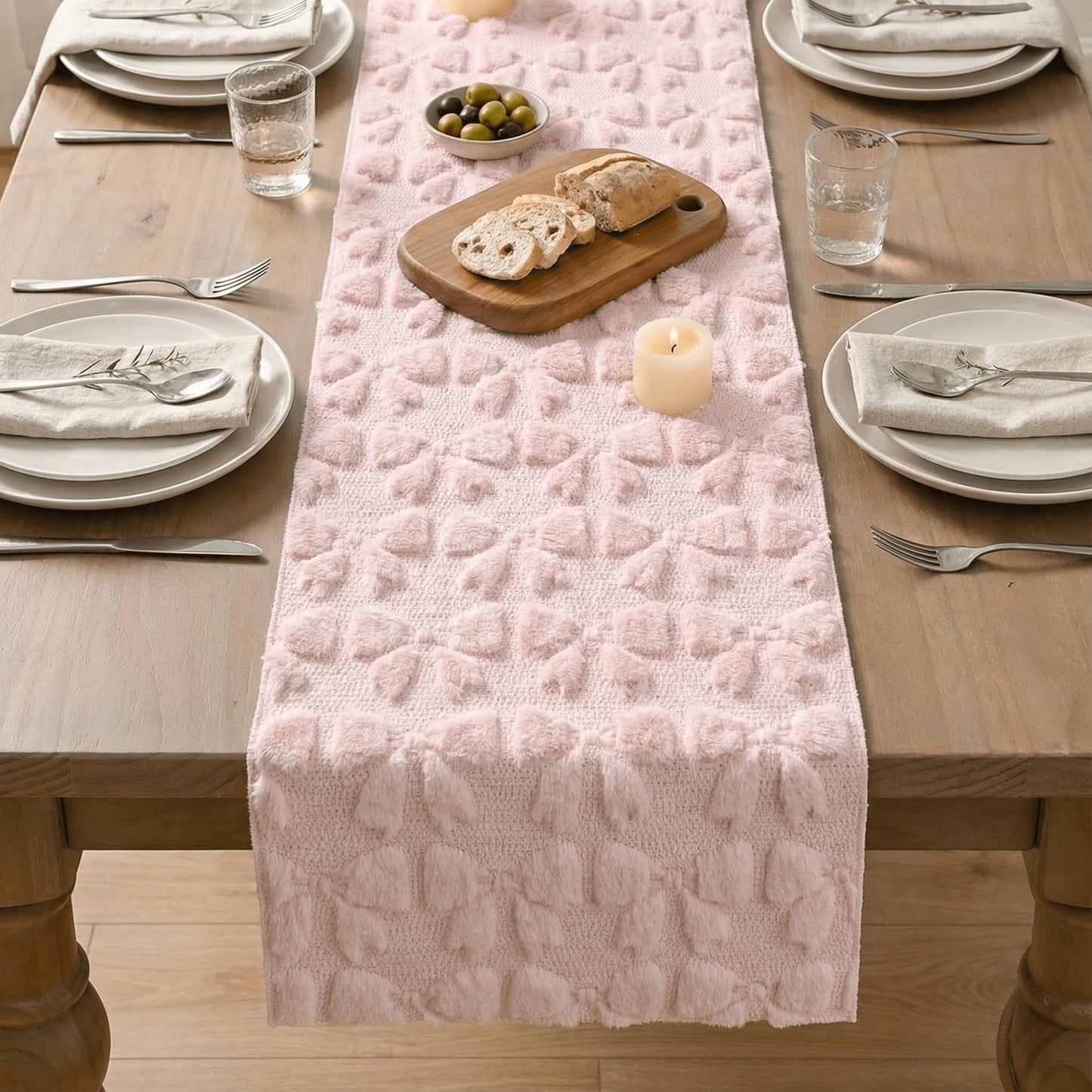 Artoid Mode Pink Soft Plush Faux Fur Jacquard Bows Table Runner, Valentine's Kitchen Dining Table Decoration for Home Party Decor 13x72 Inch