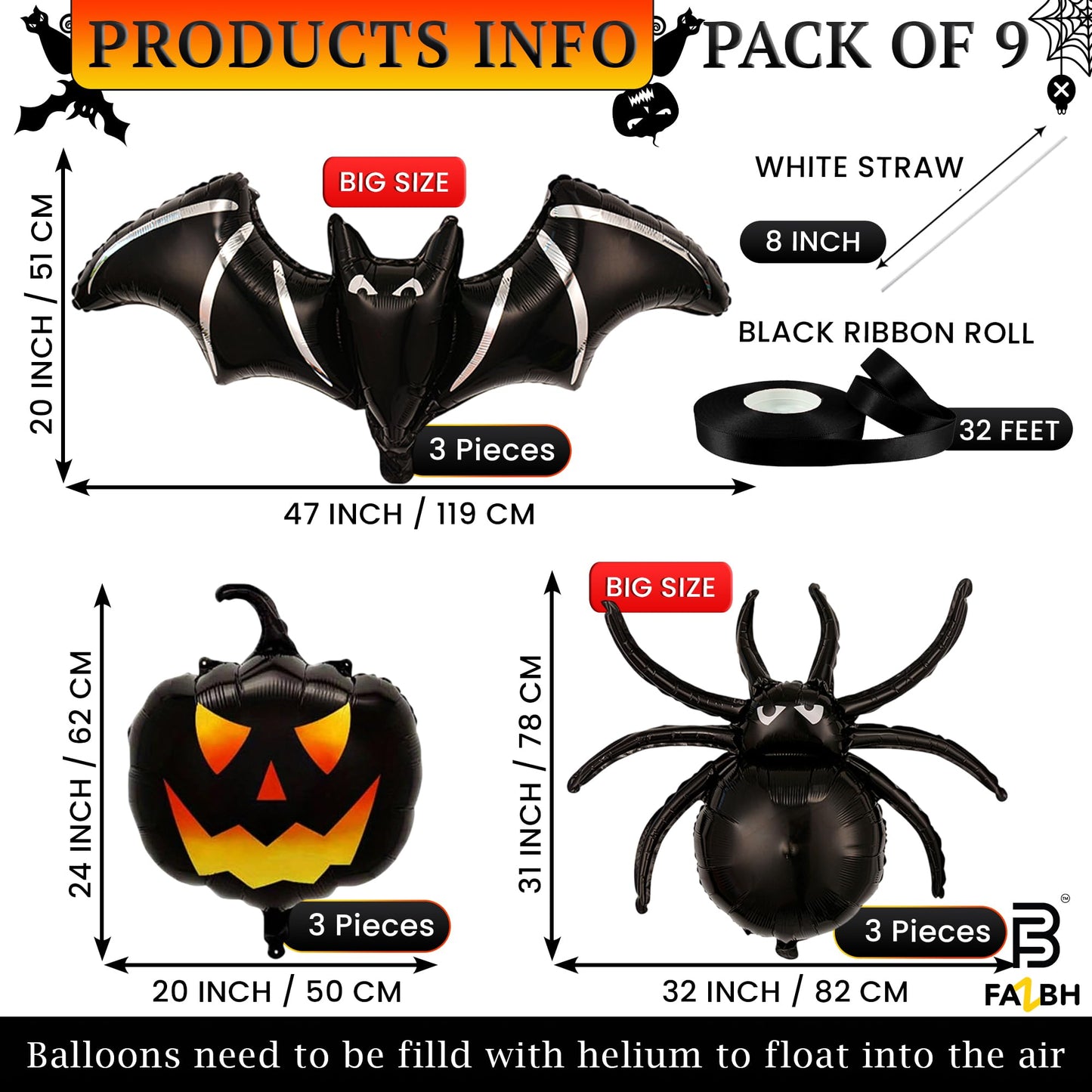 Halloween Balloons and Hanging Swirls - Pack of 64 | Giant 47 Inch Bat Balloons, Black Spider and Pumpkin Balloon | Spooky Halloween Party Decorations