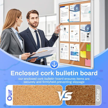 Magula 36"x24" Enclosed Bulletin Board Tamper-Proof Dispaly Case, Aluminium Frame, Shatter Resistant Lockable Bulletin Board, Enclosed Cork Board for School, Office, Commercial, Hospital etc