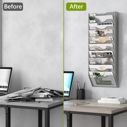 EasyPAG 10 Pocket Mesh Wall File Organizer, Hanging Paper Folder Holder with Classify Label, Vertical Wall Mount Mail Organizer for Office Home Classroom, Silver